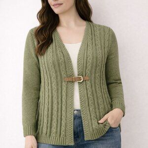 Soft Surroundings Womens Wren Cable Cardigan Buckle Closure Green Size M